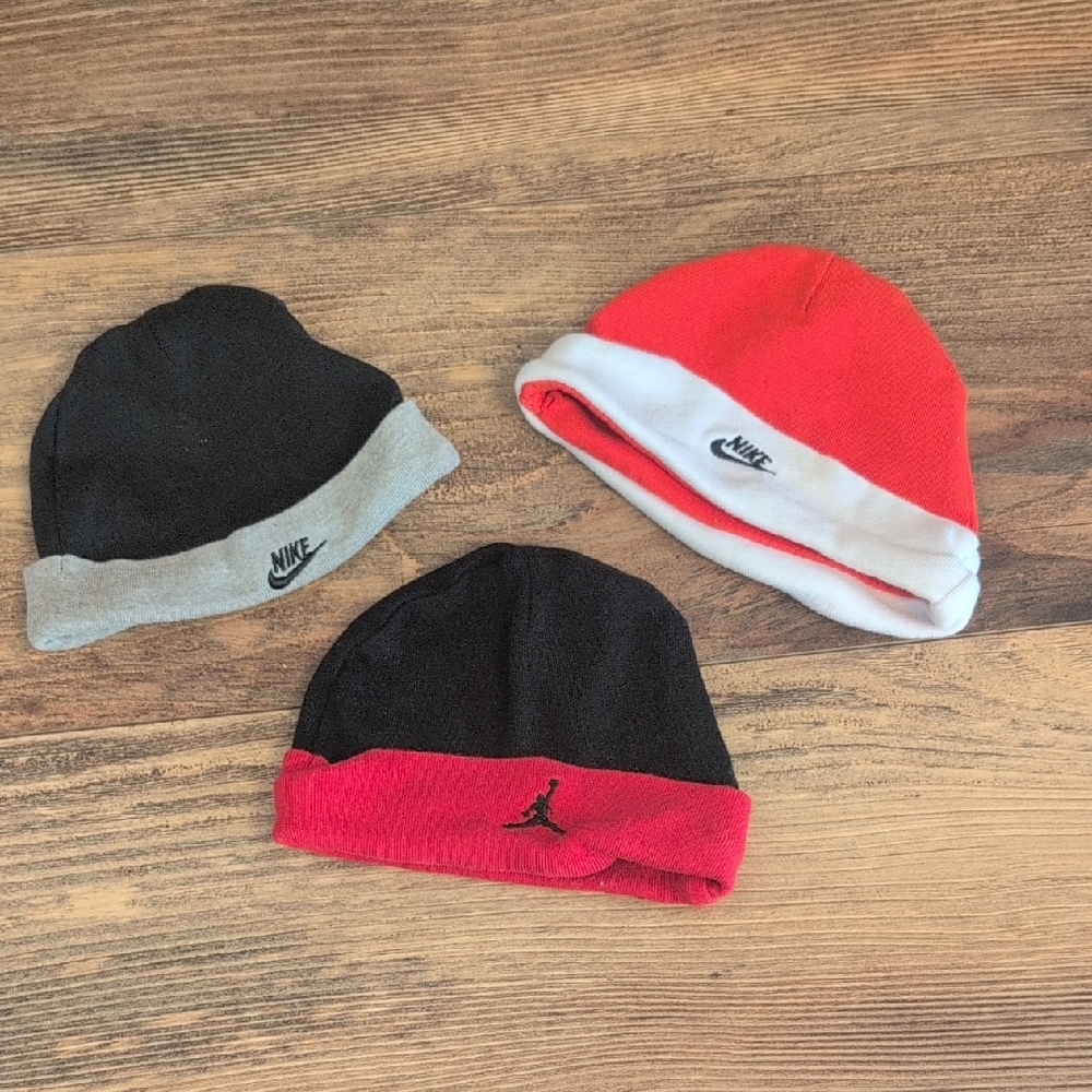 Nike & Jordan Infant Beanie Trio 3-Pieces - Red, Black, Gray 0-6-12mos